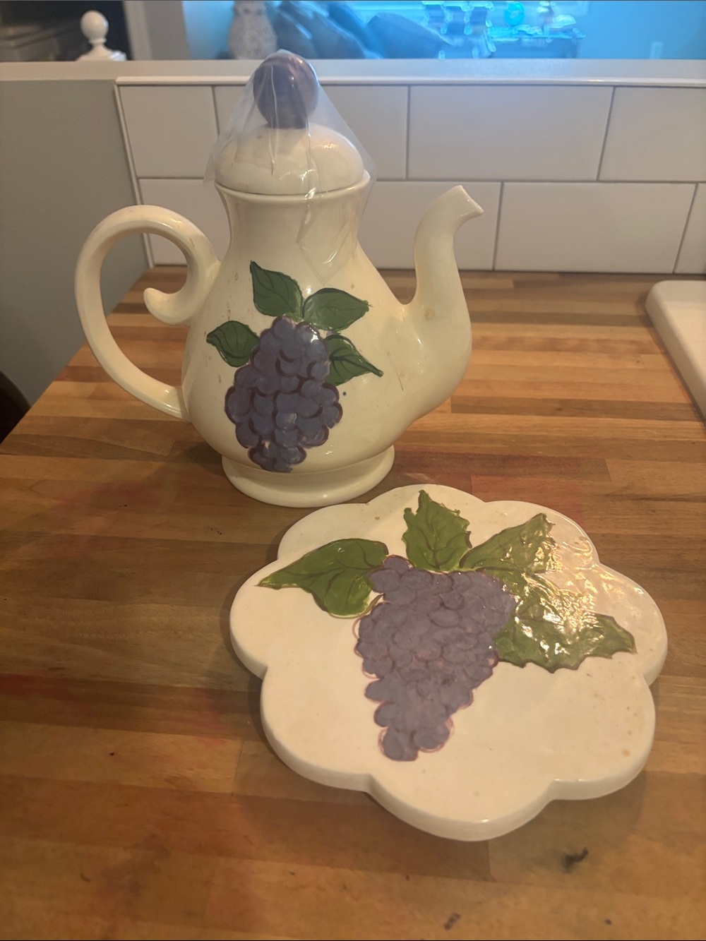 Grape Motif Ceramic Teapot & Trivet Set - Lavender and Green